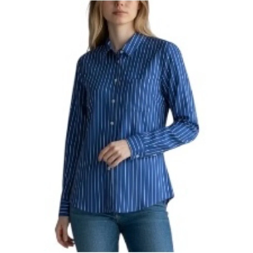 J. Crew Stretch Poplin Signature Stretch Button-Up Striped Blouse NWT S Blue